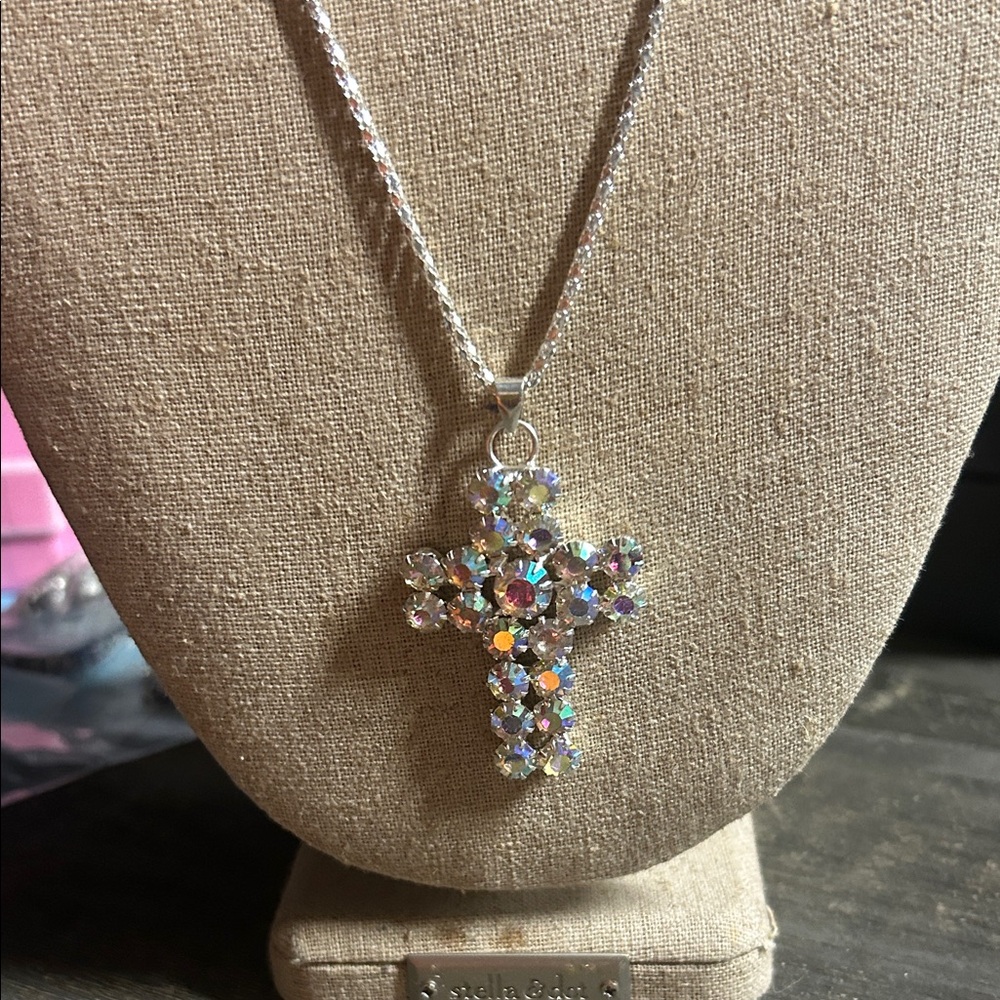 Silver Cross Pendant Sterling Necklace with Iridescent Crystals - Women Jewelry